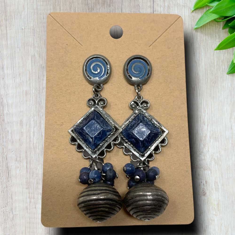 Vintage Y2K Bohemian Beaded Blue Silver Tone Pierced Dangle Earrings Art to Wear - Picture 3 of 4